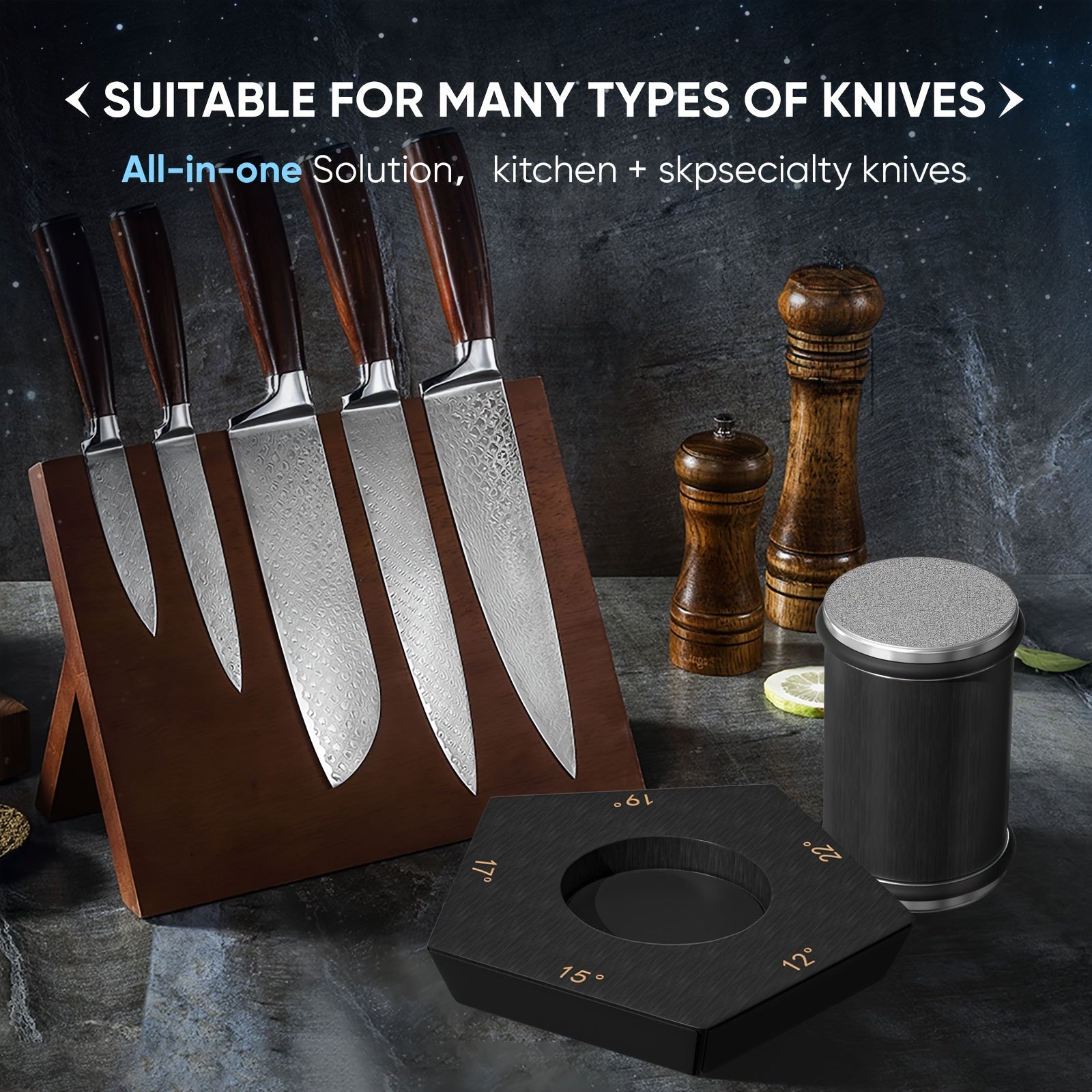Afilador manual de pentágono con ángulos ajustables de 12/15/17/19/22 grados, soporte magnético para cuchillas, negro
