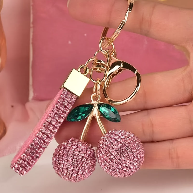 Pink Rhinestone Cherry Keychain for Women and Girls, Cute Bag Charm