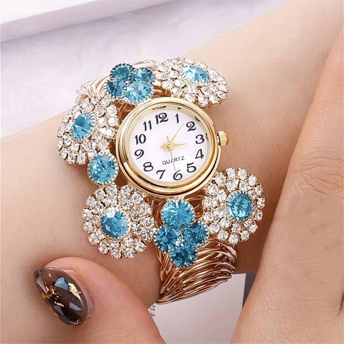 Women’s Rhinestone Quartz Watch Set with Jewelry Bracelet and Cuff in Boho Style