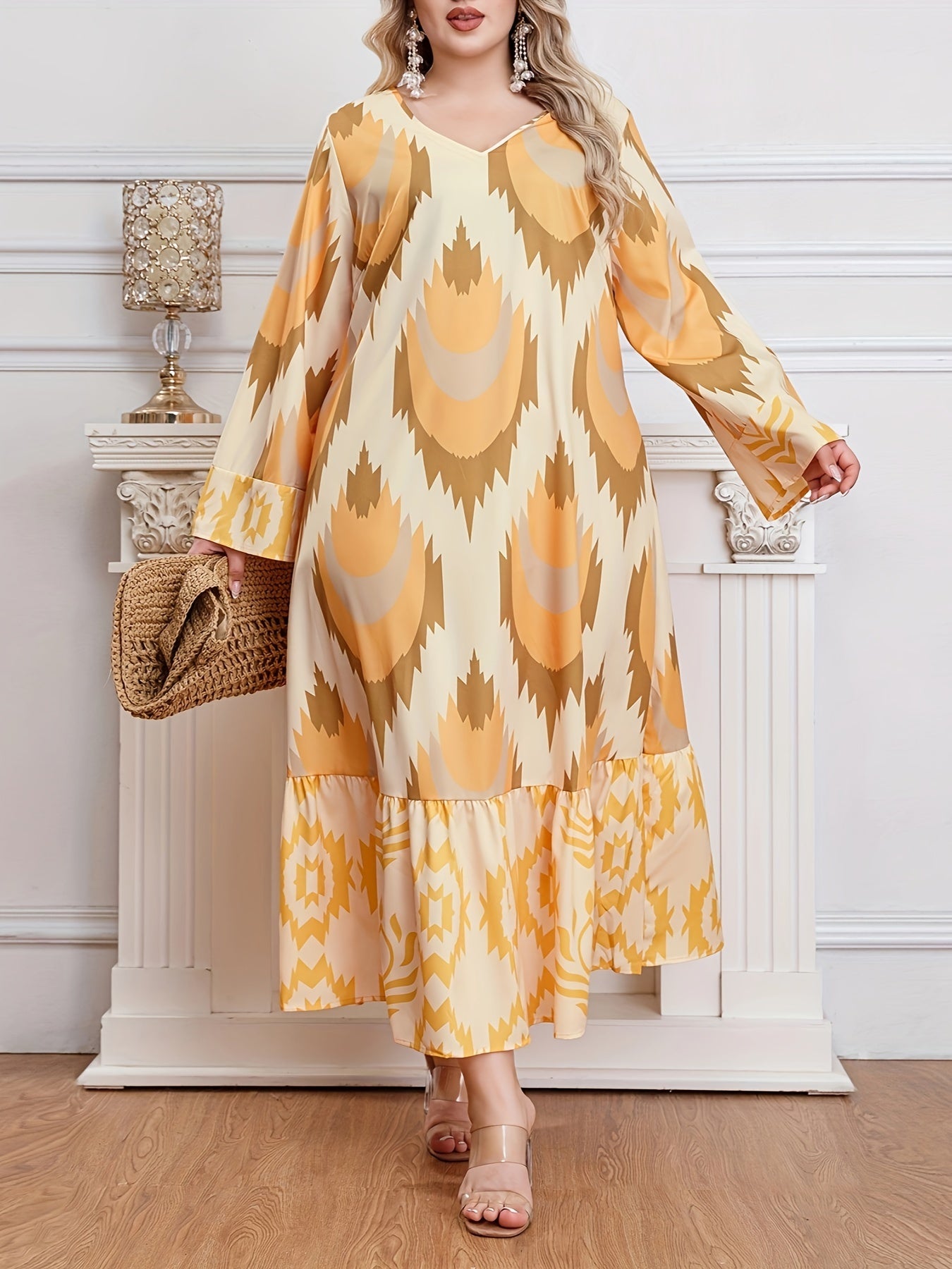 Women's Plus Size Geometric Pattern Kaftan Dress V Neck Long Sleeve