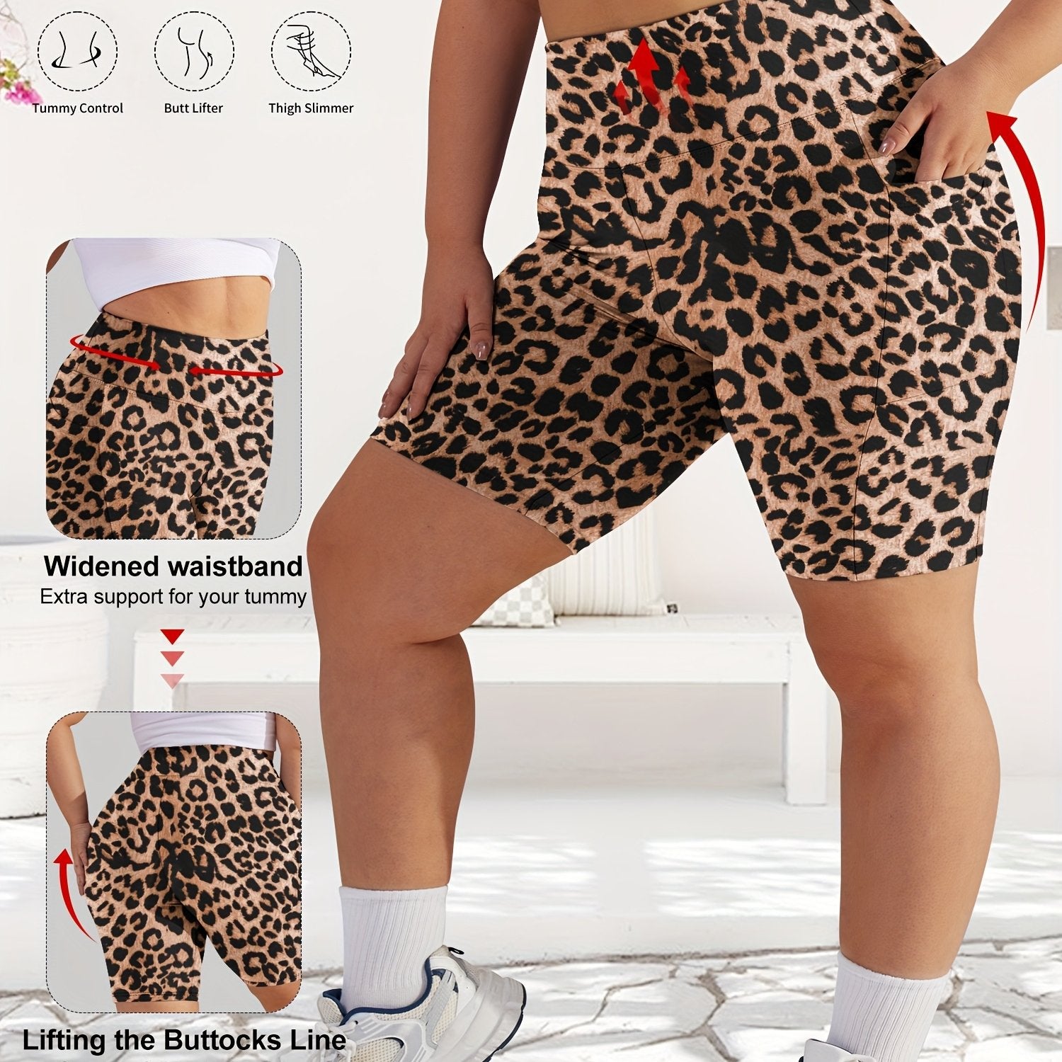 Women's Plus Size High-Waist Tummy Control Workout Shorts with Pockets