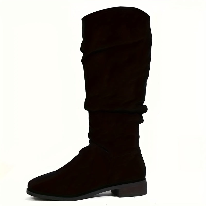 Women's Brown Mid-Calf Boots with Chunky Heel and Pointed Toe