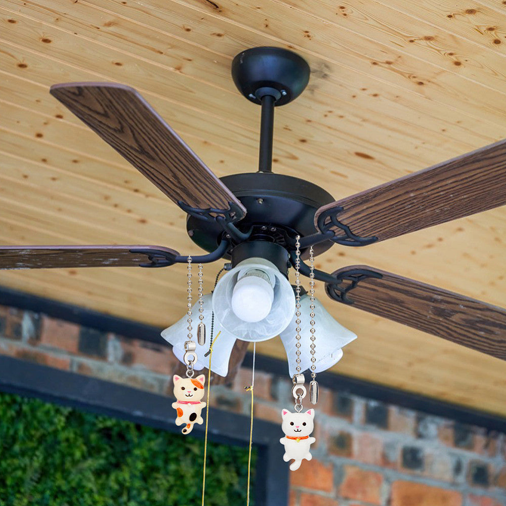 6pc Cat-Shaped Resin Ceiling Fan Pull Chain Extenders with Stainless Steel Ball Chains in Mixed Colors 35cm