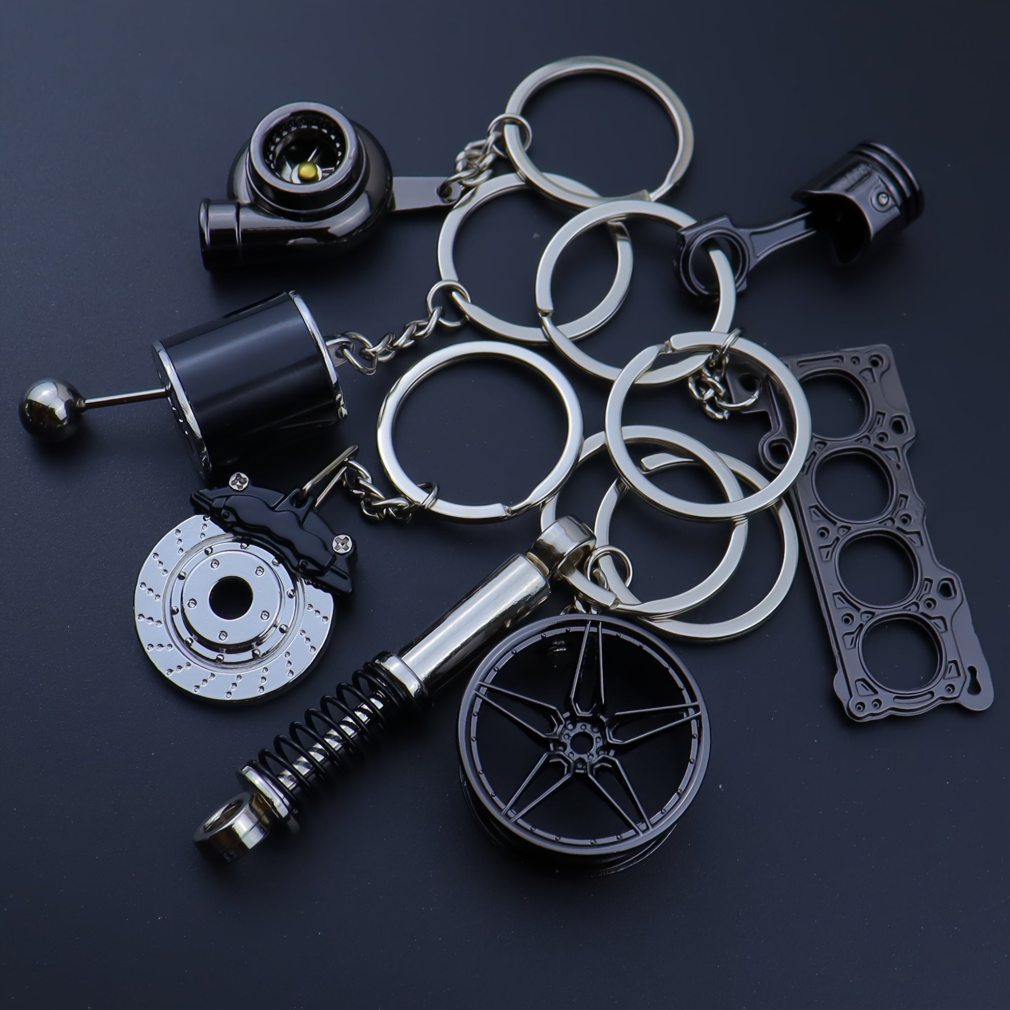Car Modification Keychains Set Zinc Alloy Black 7-Piece Auto Accessories