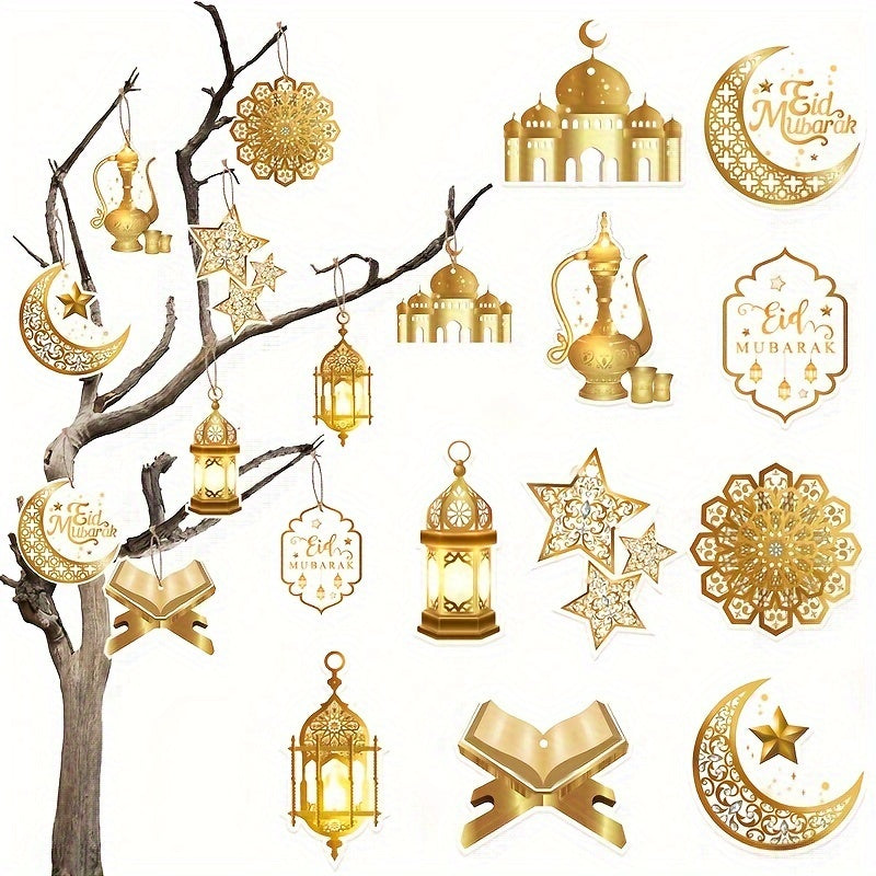14/10pcs Eid Mubarak Paper Hanging Ornaments with 5m Hemp Rope for Ramadan Party Decorations