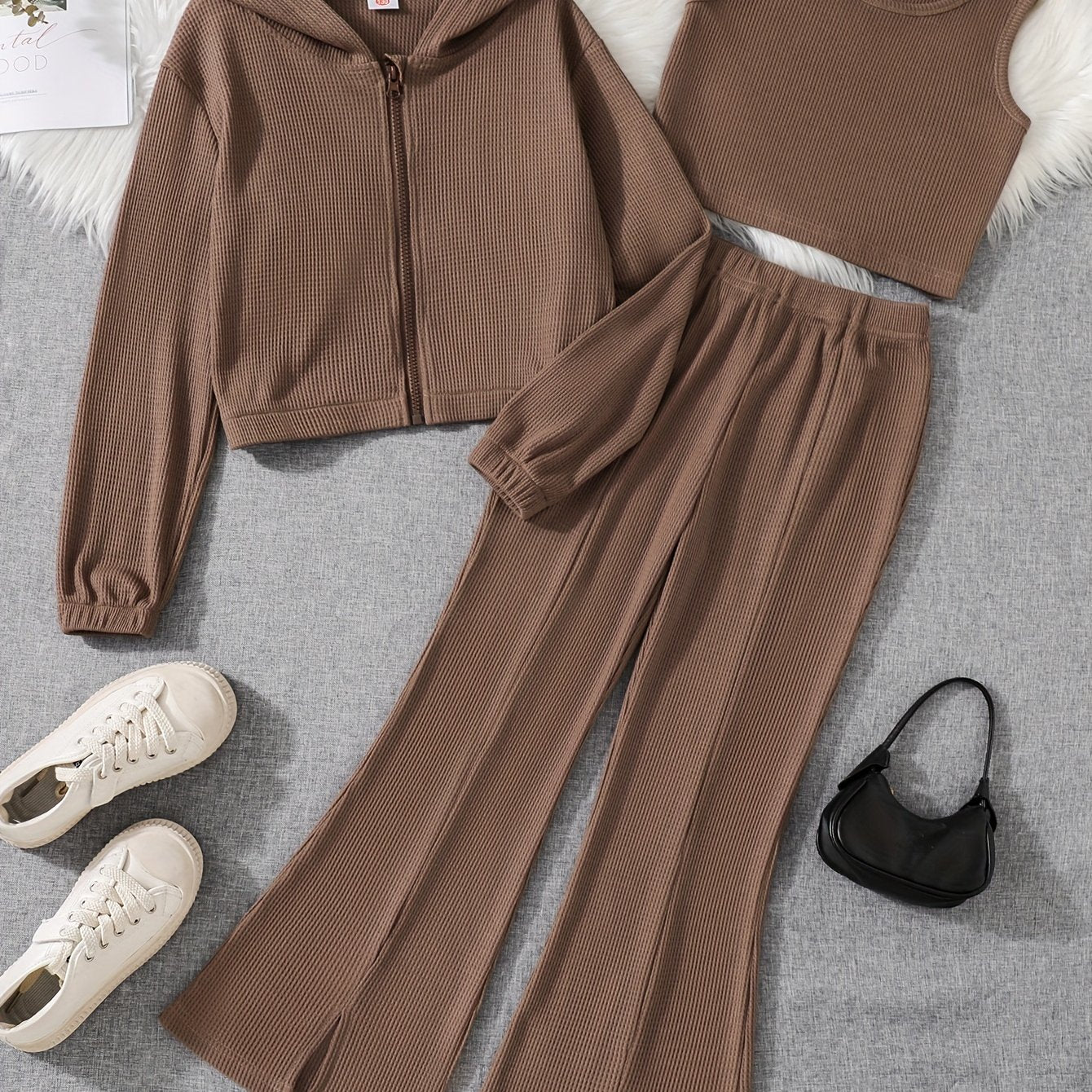 Girls' Casual Solid Color Hooded Cardigan Set for Outdoor Wear Spring Fall