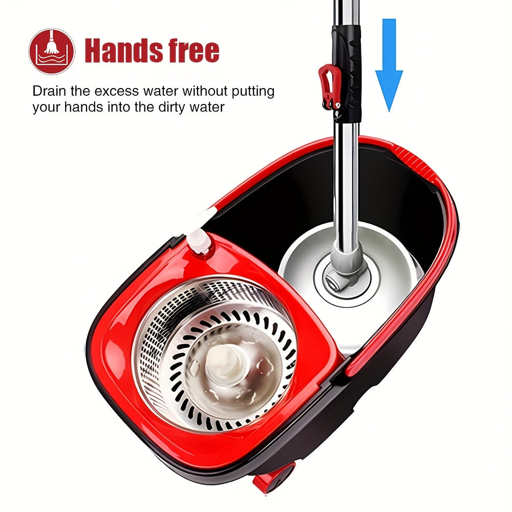 Премиум набор швабры с ведром и ремешком на запястье, включает 4 микрофибровые сменные головки, 2 колесика, комплект для уборки полов без помощи рук для гостиной, спальни, ванной и кухни - изготовлен из долговечного пластикового материала.