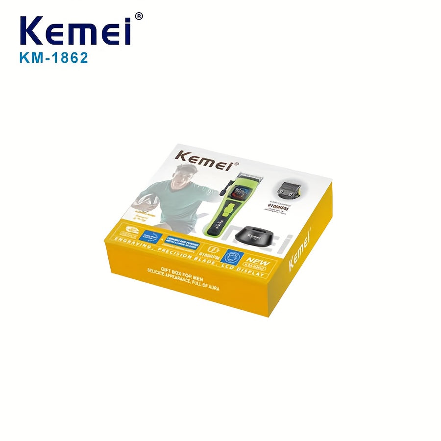 Kemei KM-1862 Elektr hairclipper: Kuchli quvvat, uzoq davom etadigan masofa, ko‘p g‘ildirakli sozlash, qayta zaryadlanuvchi litiy batareya.