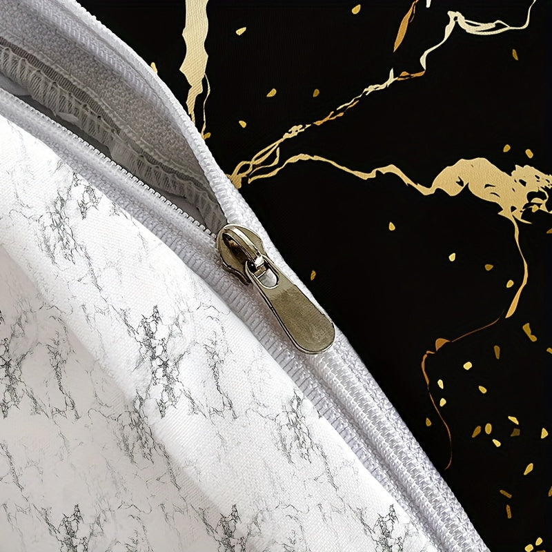 3-Piece Duvet Cover Set Black and White Marble Feather Print Breathable Polyester All-Season