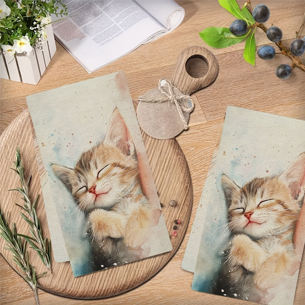 Set of 2 Ultra-Soft Kitchen Towels with Dreaming Kitten Design, Highly Absorbent