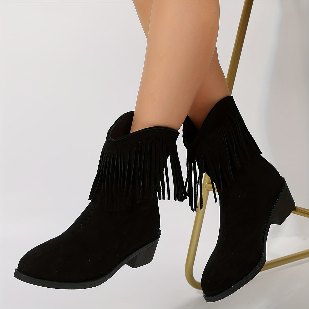 Women's Faux Leather Western Cowboy Boots with Chunky Heel Fringe