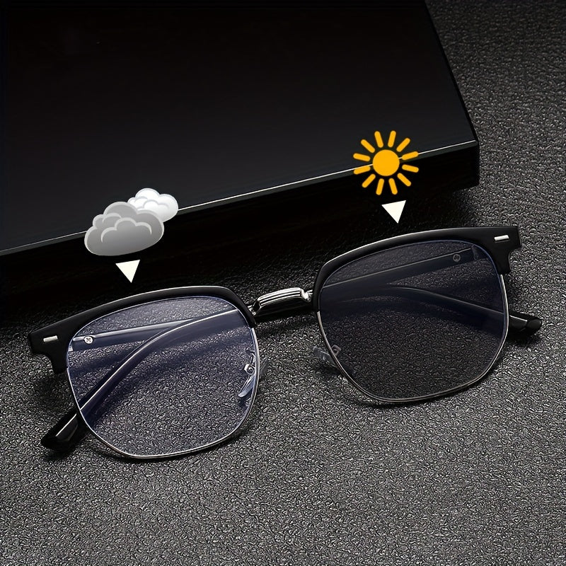 Men's Semi-Frame Sunglasses with Light-Induced Color-Changing Lenses Retro Style for Casual Wear
