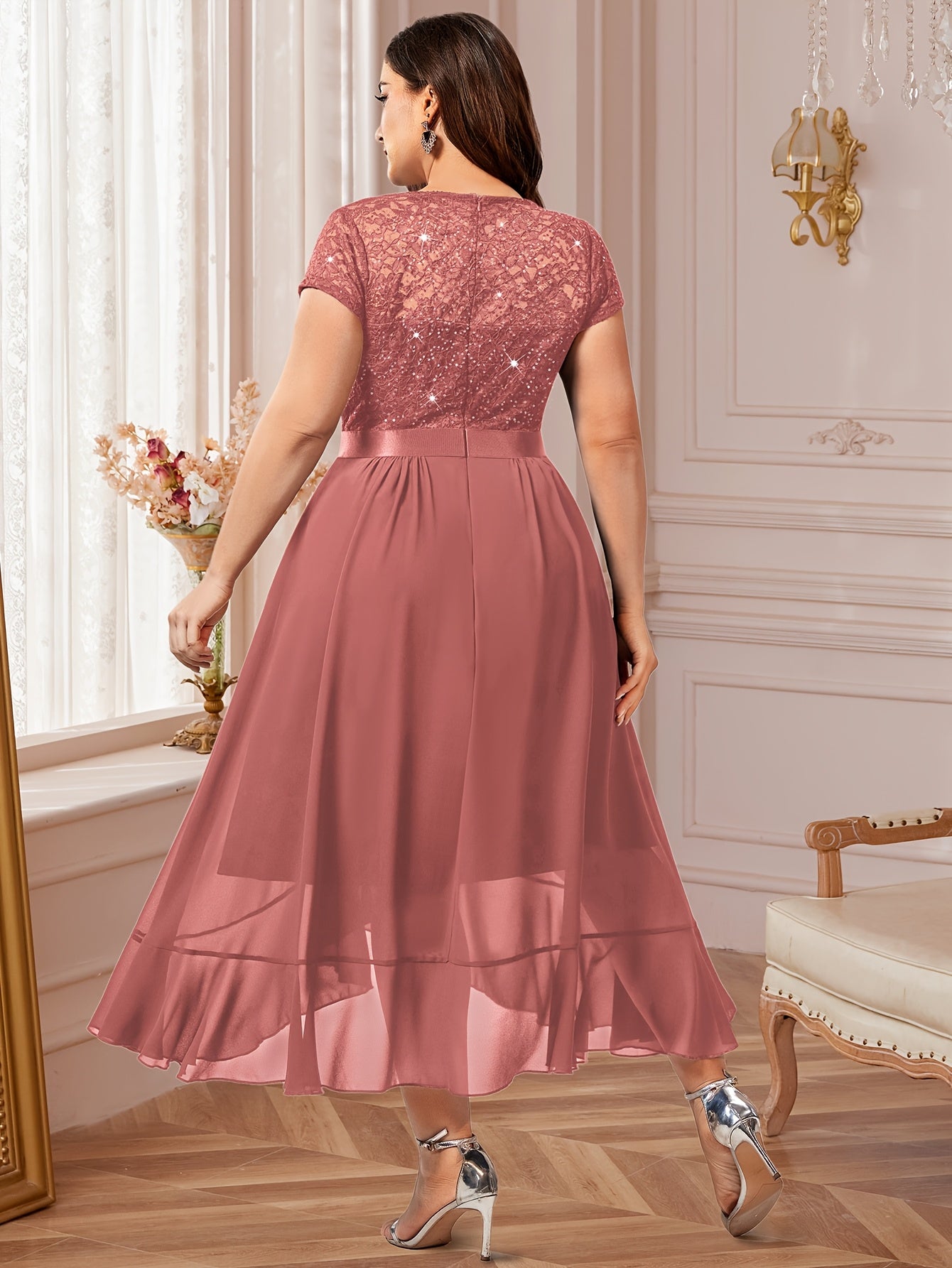 Plus Size Women's V-Neck Midi Dress with Lace and Ruffled Hem for Parties