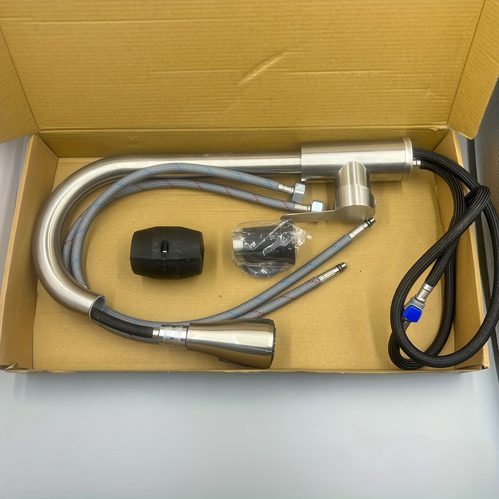 360° Rotating Kitchen Faucet with Hot Cold Water Sprayer Brushed Finish for RVs Campers and Travel Trailers