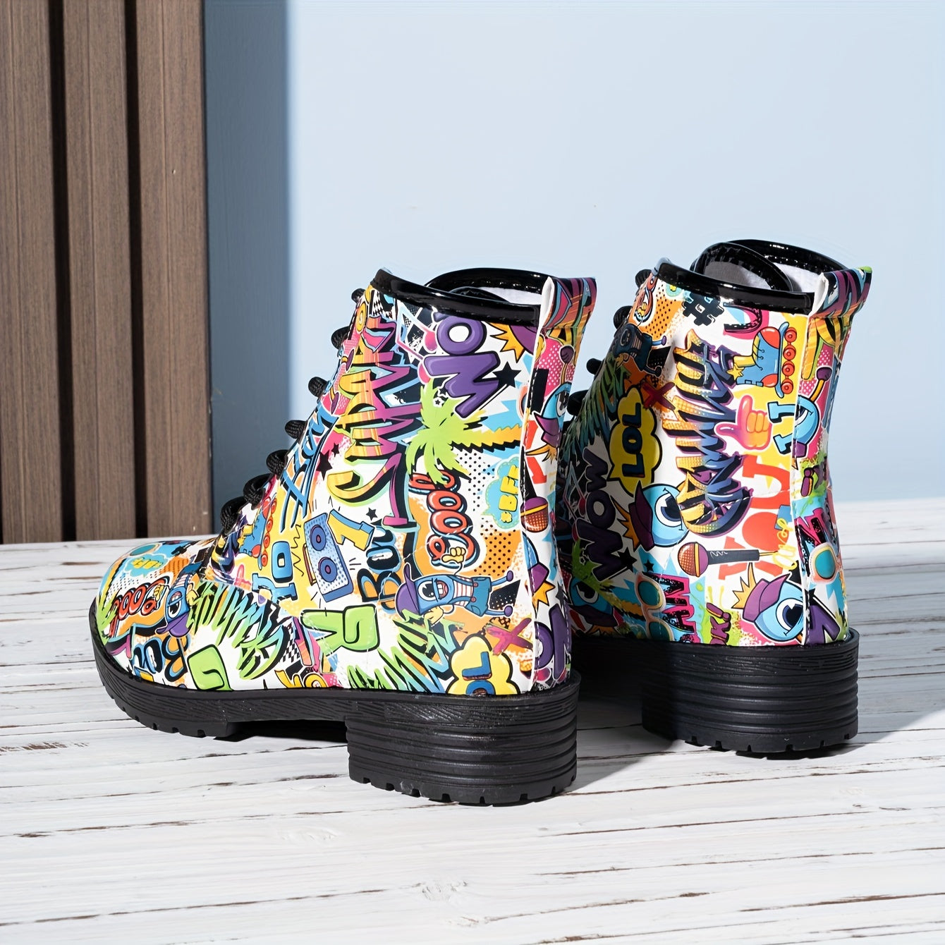 Women's Floral Pattern Lace-Up Casual Boots with Soft Sole and Round Toe