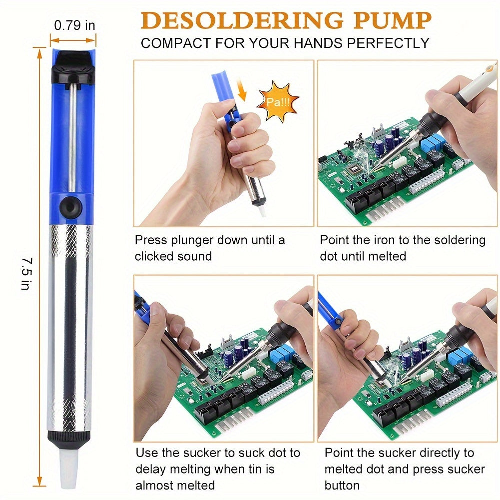 60W Adjustable Temperature Soldering Iron Kit with 15 Tips Desoldering Pump and Ceramic Heating Element for DIY Repairs in Red Blue Black