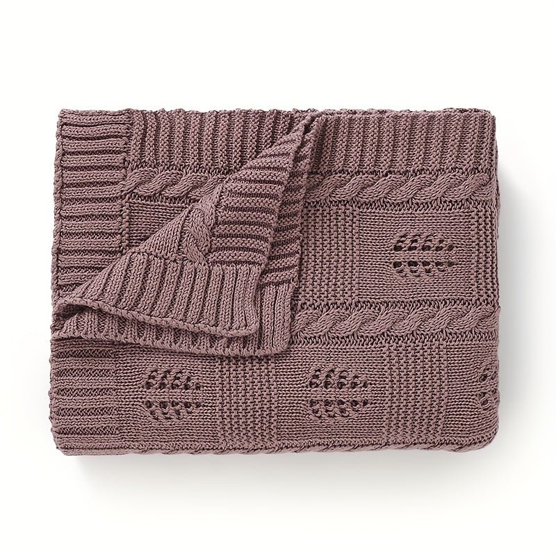 Manta de punto Jacquard geométrico con patrón de hojas, diseño transpirable con orificios para hogar, viaje y aire acondicionado en rosa, camello, verde y café