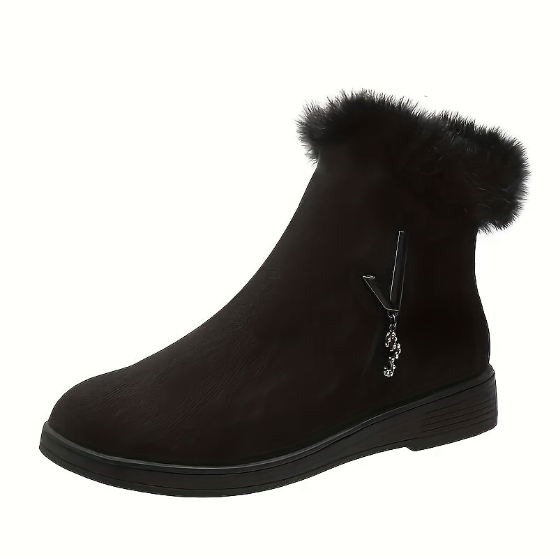 Women's Fleece-Lined Winter Ankle Boots with Side Zipper Black