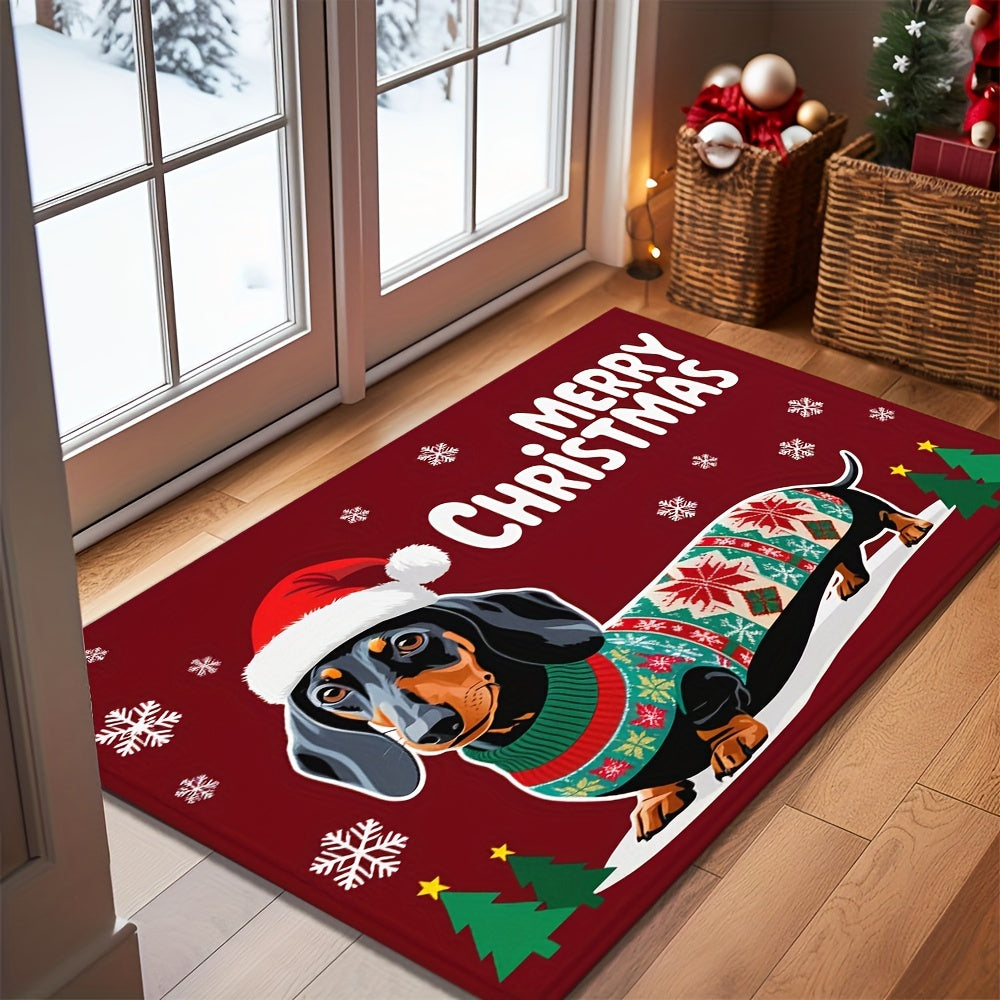 Christmas Dachshund Doormat Non-Slip Polyester Rug with Rubber Backing