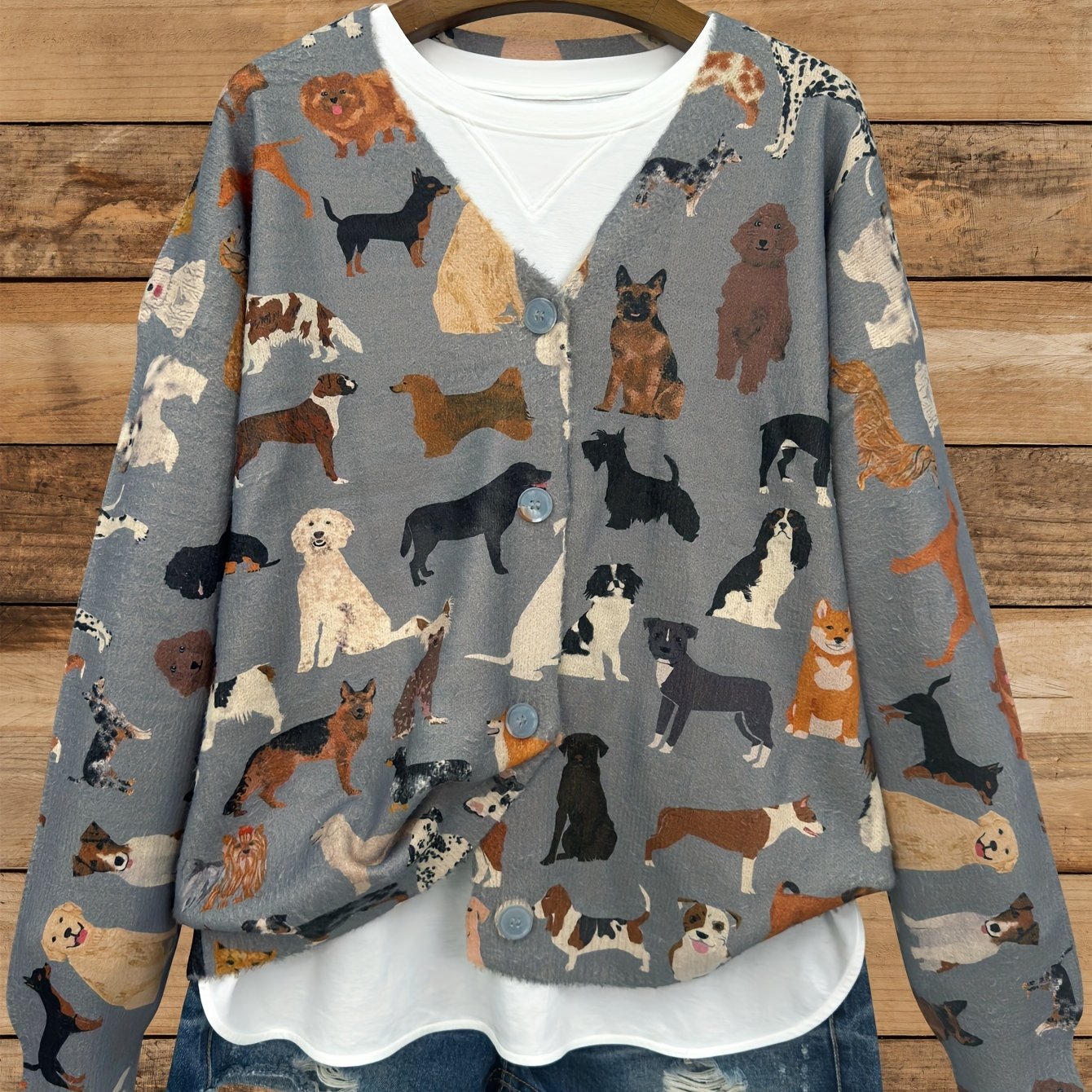 Plus Size Women's V-Neck Dog Print Cardigan Long Sleeve Cozy Fall Winter