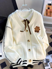 Women's V-Neck Knit Cardigan Contrast Color Teddy Bear Button All-Season