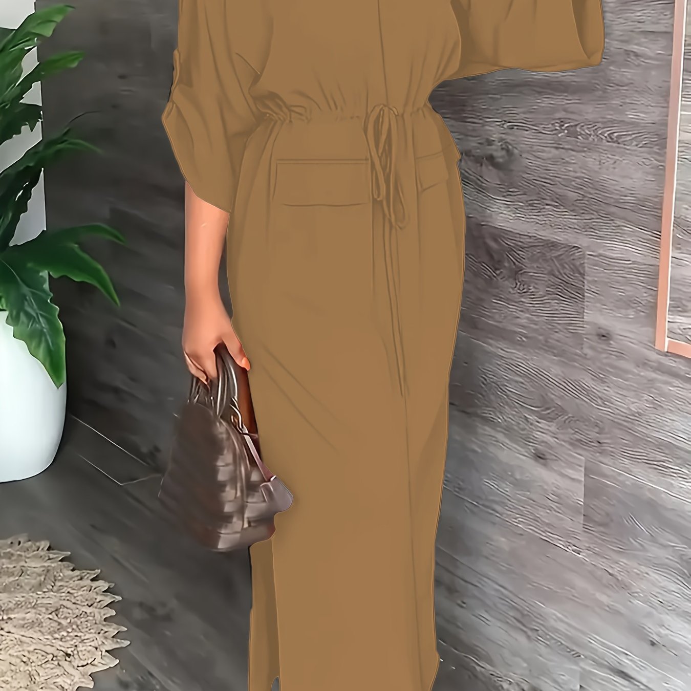 Women's Elegant Plain Color Split Dress with Pull-String Detail