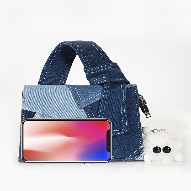 Women's Denim-Inspired Crossbody Bag with Magnetic Closure and Machine Washable Material in Royal Blue and Black