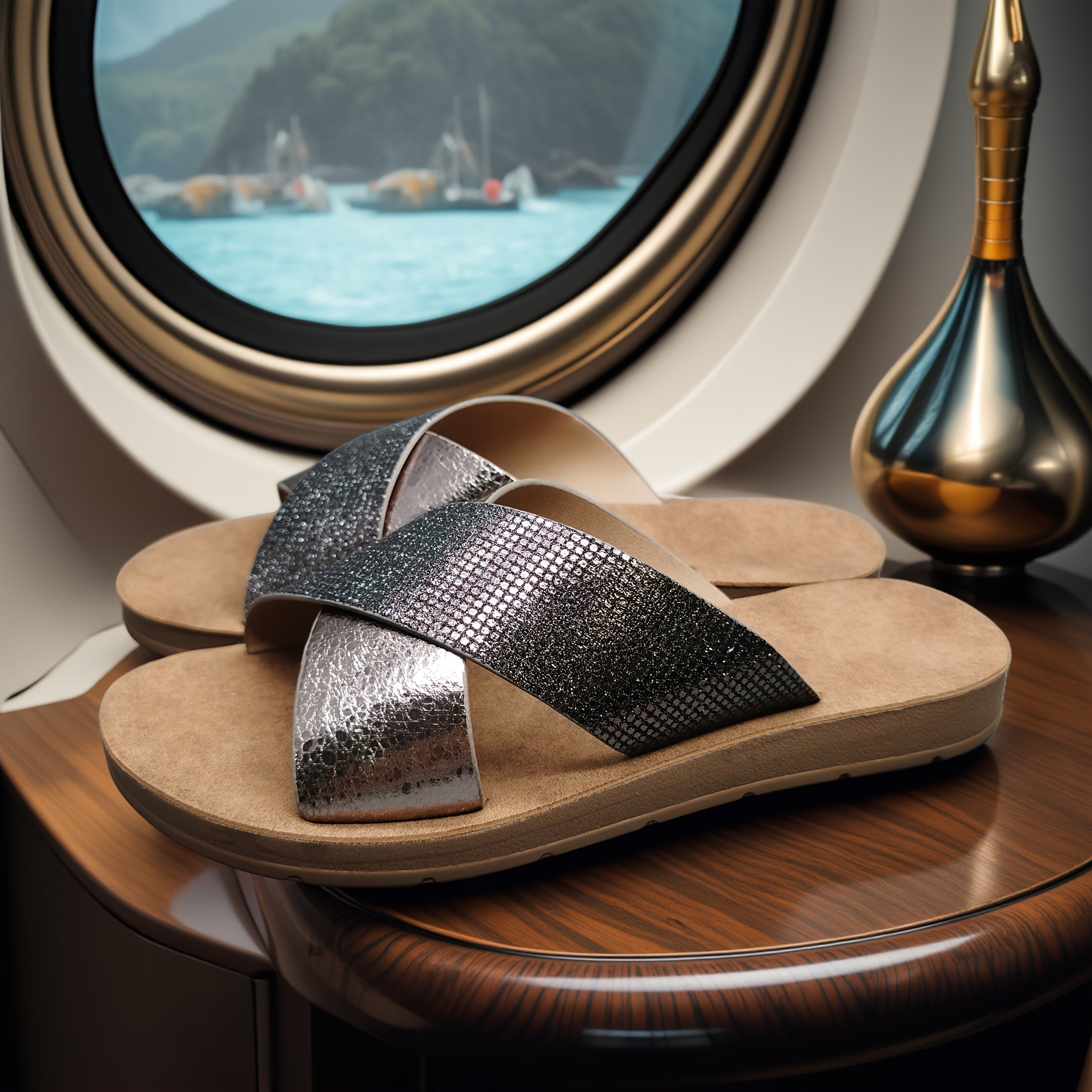 Ayollar uchun metallik xoch-uzukli oson kiyiladigan sandallar ochiq barmoqli yozgi slaydlar yostiqli ichki qismi