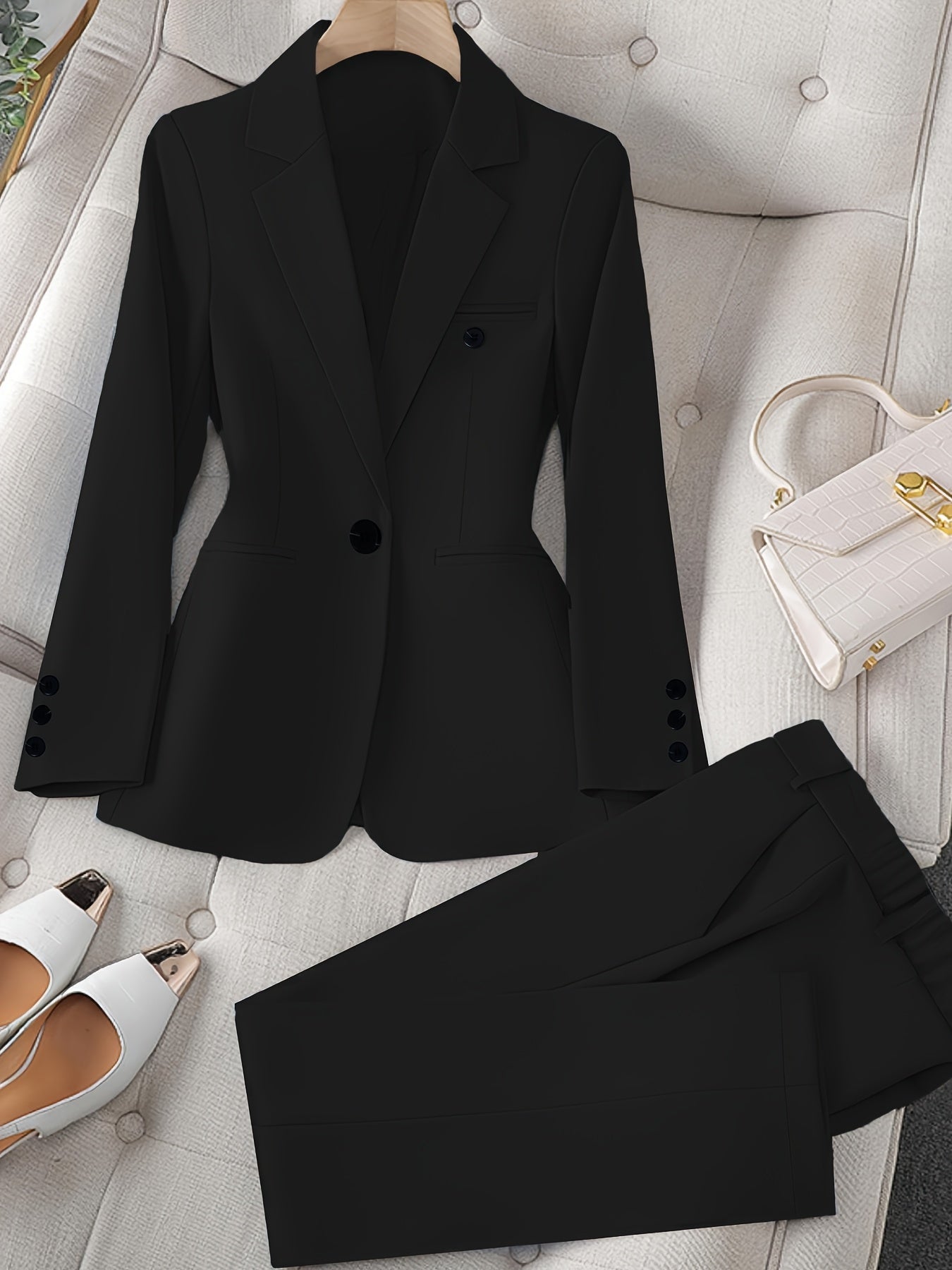 Women's Black 2-Piece Suit Set Long Sleeve Blazer and Pants Woven Polyester
