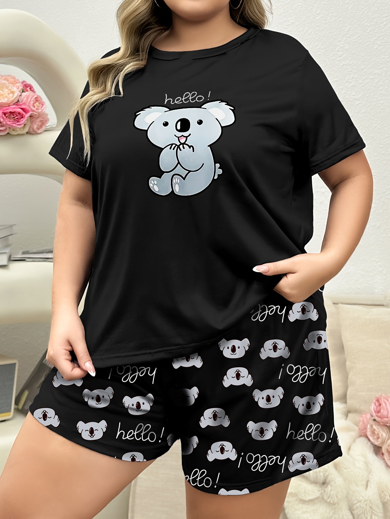 Plus Size Women's Pajama Set Cartoon Koala Print Short Sleeve Top and Bow Shorts
