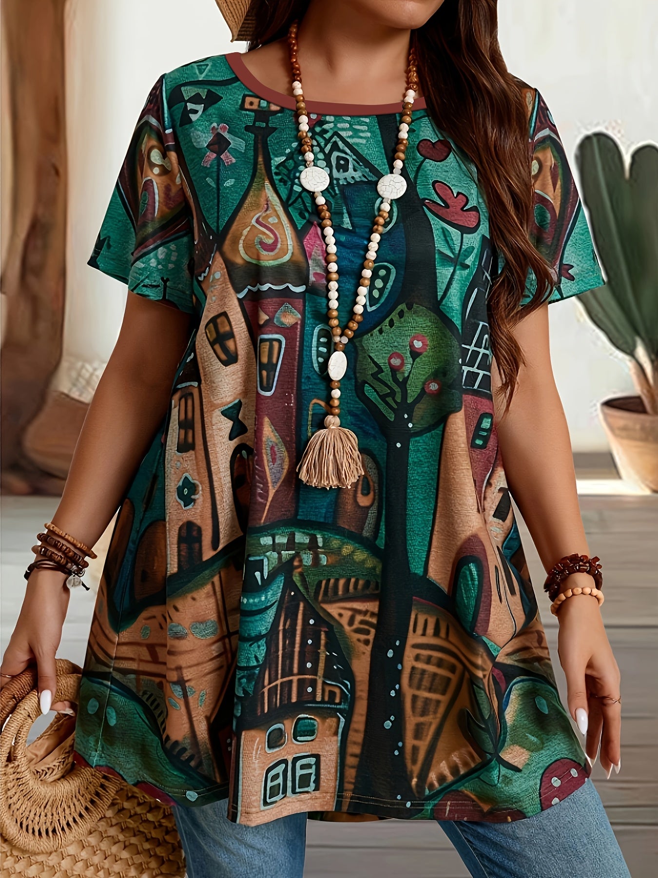 Plus Size Women's Summer Casual T-Shirt Breathable Colorful Pattern Printed Top