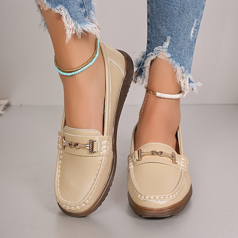 Women's Pu Cover Loafers with Metal Buckle Non-Slip Casual Shoes