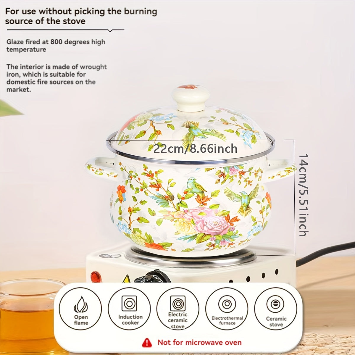 Enamel Saucepan with Lid Blue and White Checker Pattern 8.66-Inch Large Capacity Soup Pot