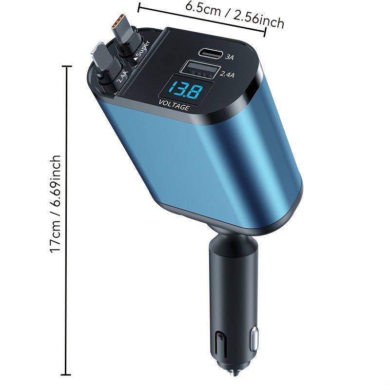 Compact Car Charger with Dual Retractable Cables and Dual USB Ports for iPhone Samsung Pixel