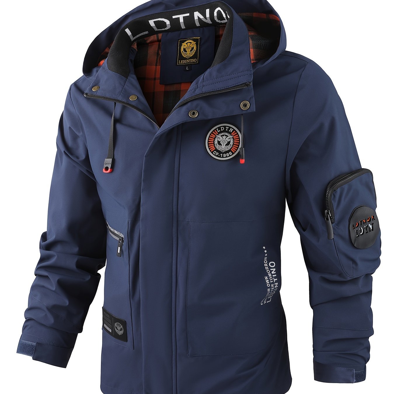 Chaqueta ligera casual de poliéster para hombre con múltiples bolsillos y capucha con cordón