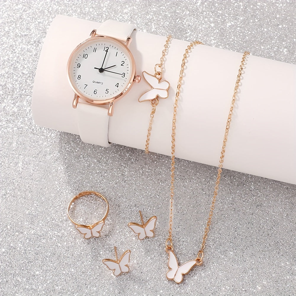 Women's Quartz Watch and Butterfly Jewelry Set with Faux Leather Strap for Gifts