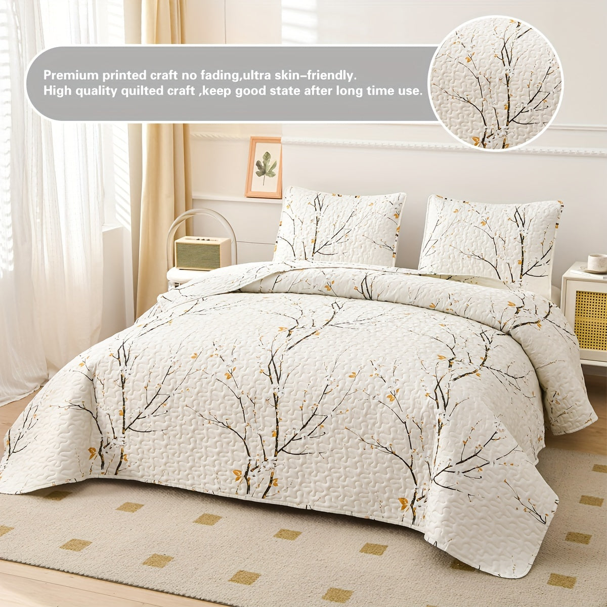 Elegant Plum Blossom Bedding Set 3 Pieces Quilt and Pillowcases Breathable Soft for All Seasons