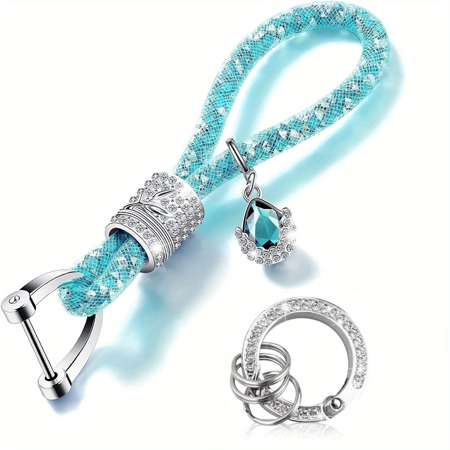 Crystal Bling Car Keychain for Women, Rhinestone Ring and Strap Accessory