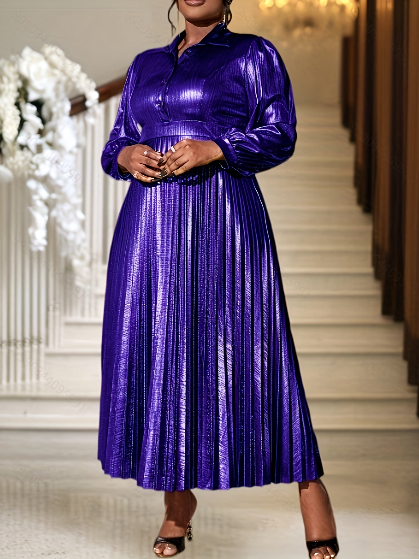 Women Gold A-Line Party Dress Long Sleeve Pleated Evening Gown