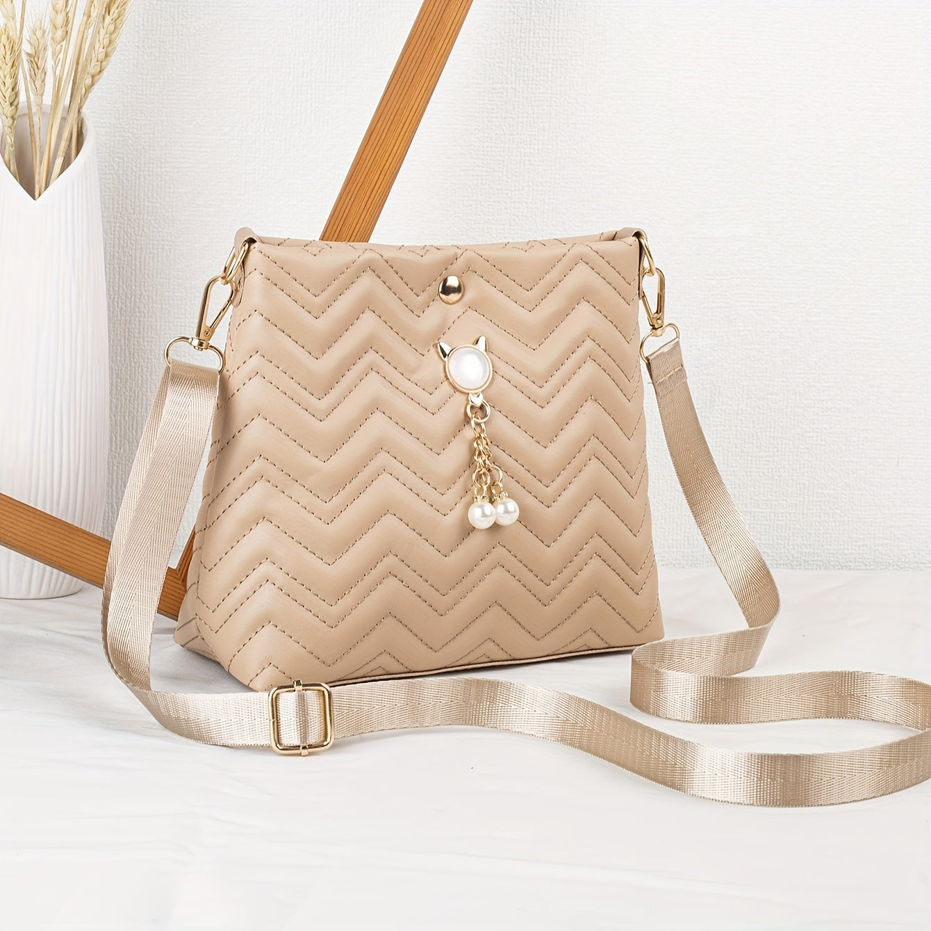 Quilted Crossbody Bag with Adjustable Strap Faux Pearl Embellishment Chevron Pattern in Khaki White Pink Black