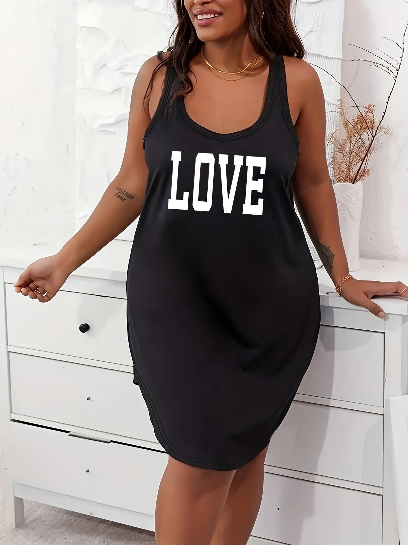 Plus Size Women's Cotton Lounge Dress Scoop Neck Racerback Home Wear