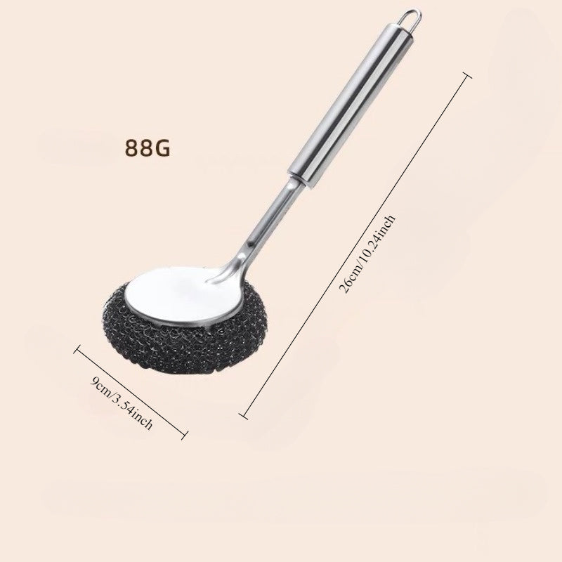 Uzoq tutqichi bilan mustahkam zanglamaydigan po'latdan yasalgan oshxona tozalash cho'tkasi, yog' dog'lariga chidamli, qozonlar va idishlarni tozalash uchun mukammal.