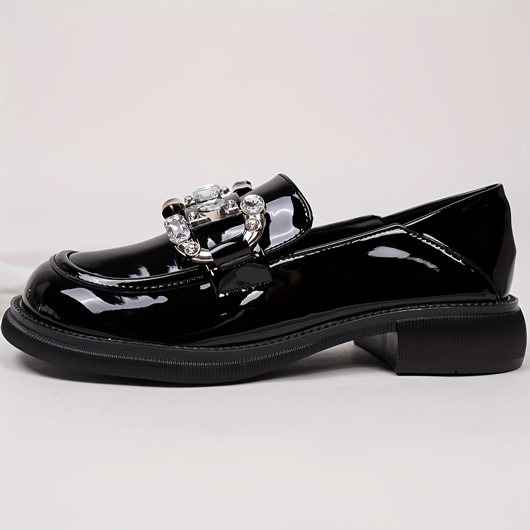 Women's Rhinestone Decor Chunky Heel Loafers Slip-On Dress Shoes All-Season