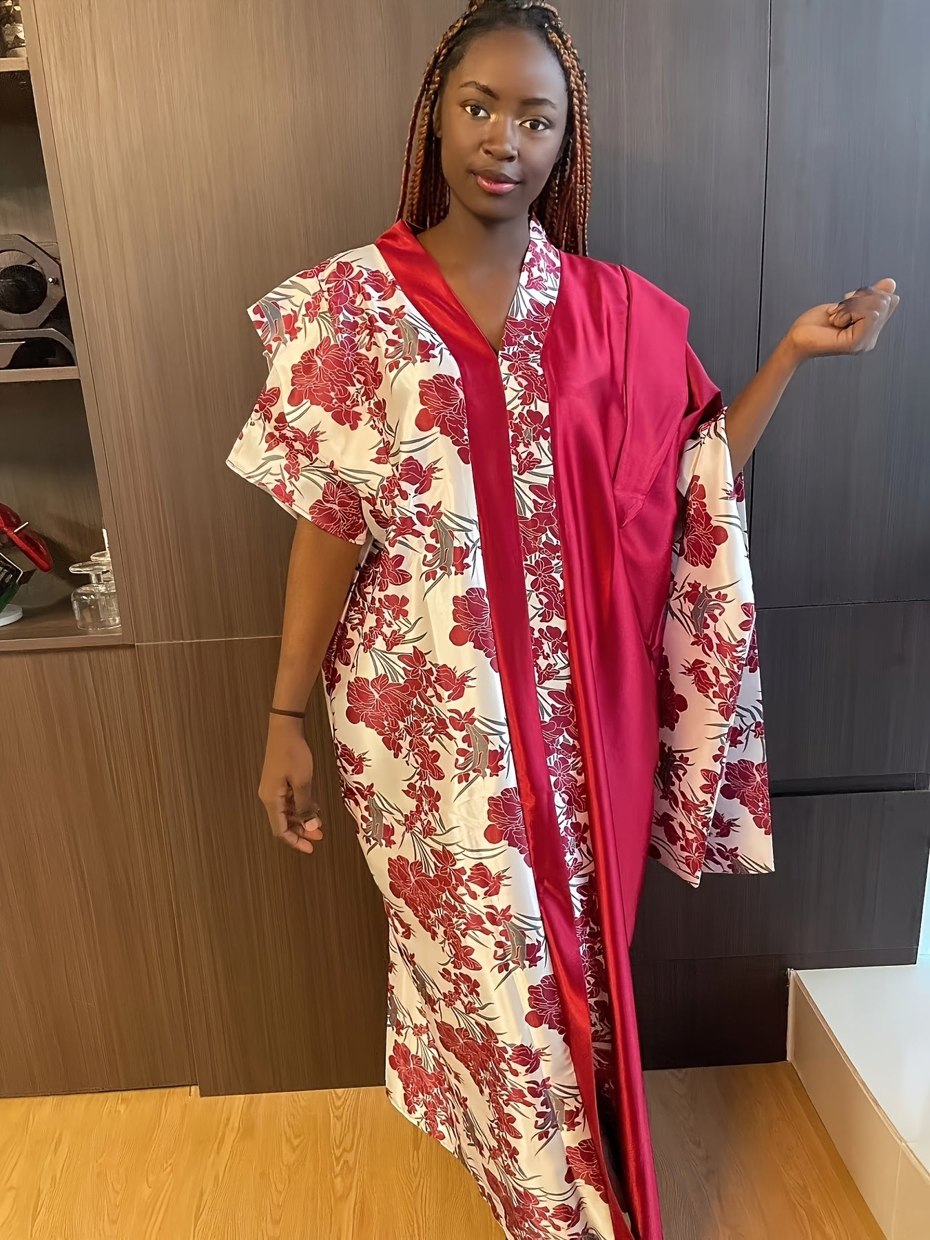 Women's Floral Print Turkish Kaftan Dress V-Neck Loose Fit All-Season