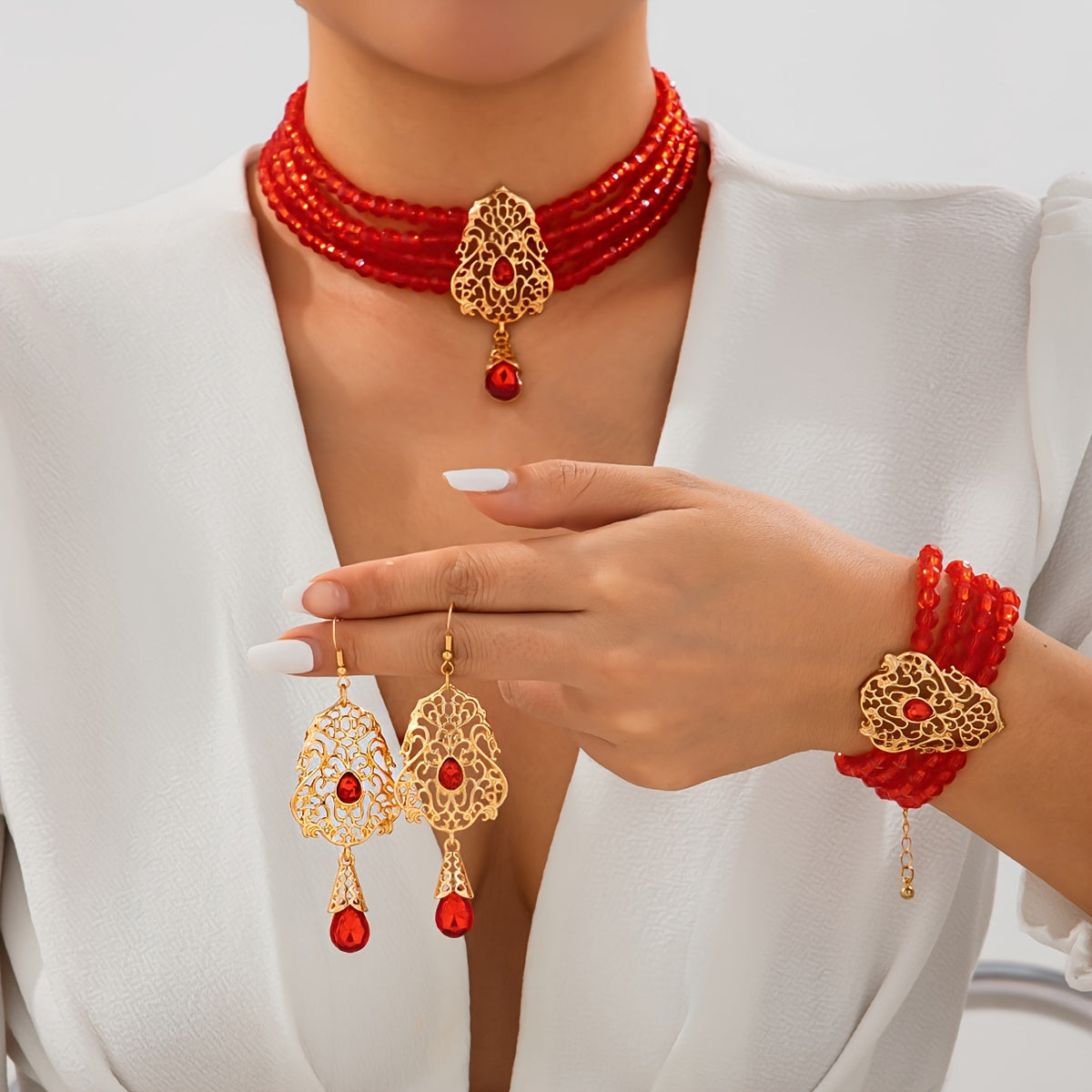 Set of 4 Elegant Crystal Water Drop Jewelry Set for Women Necklace Bracelet Earrings Gold Tone