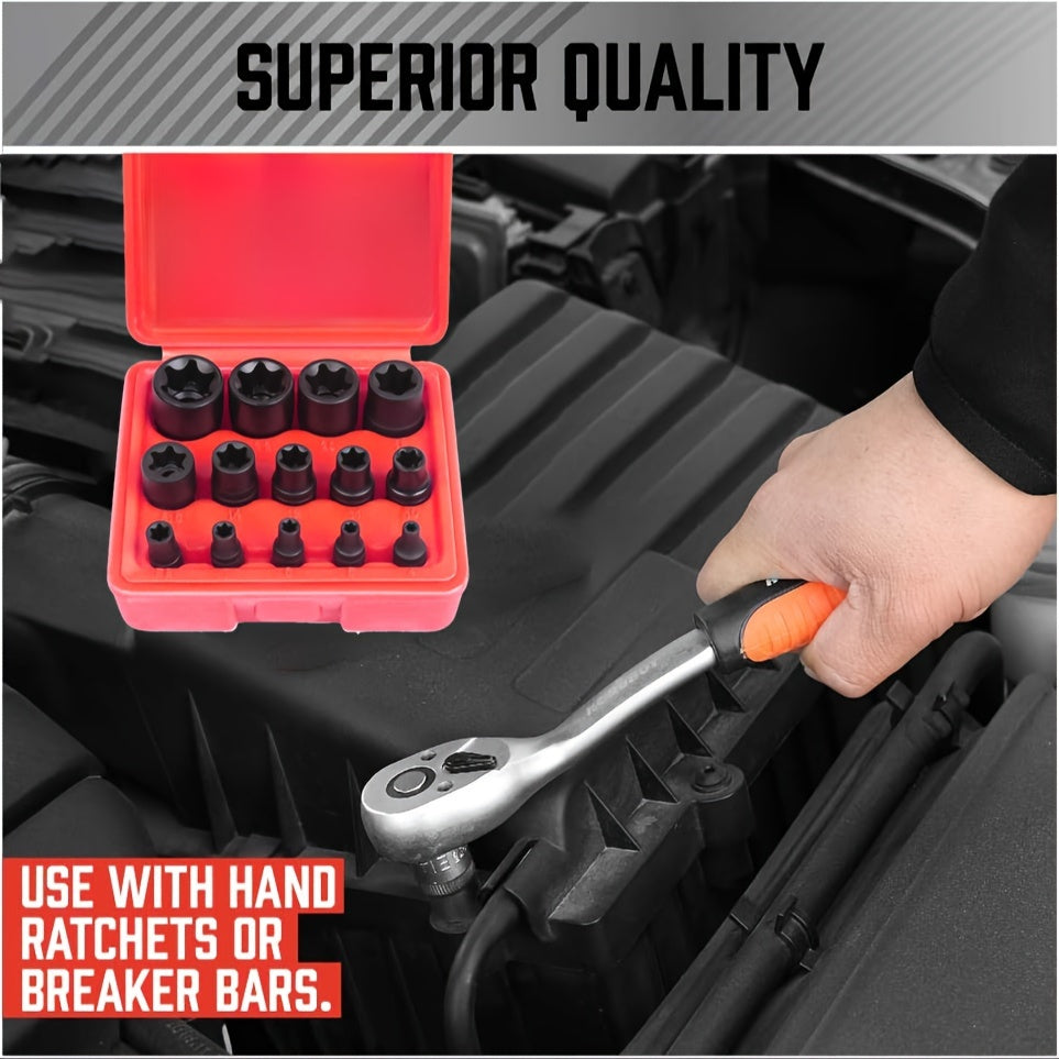 14 Pcs E-Torx Socket Set with External and Female Plum Blossom Design