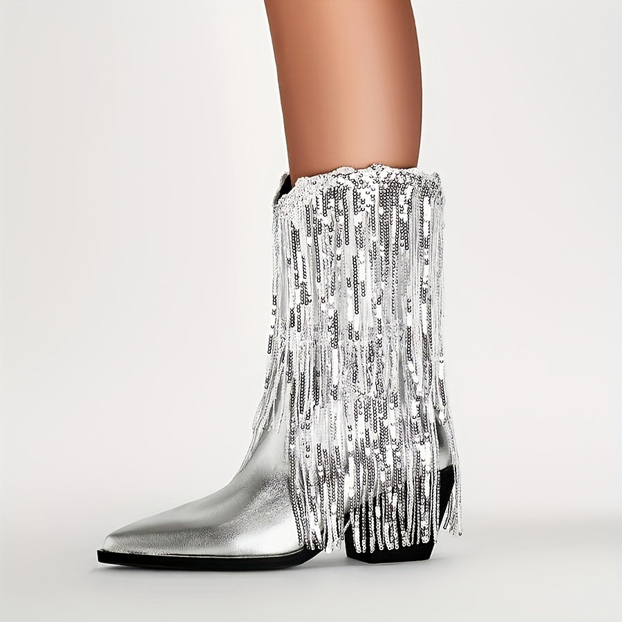 Женские серебряные сапоги с пайетками до середины икры и бахромой