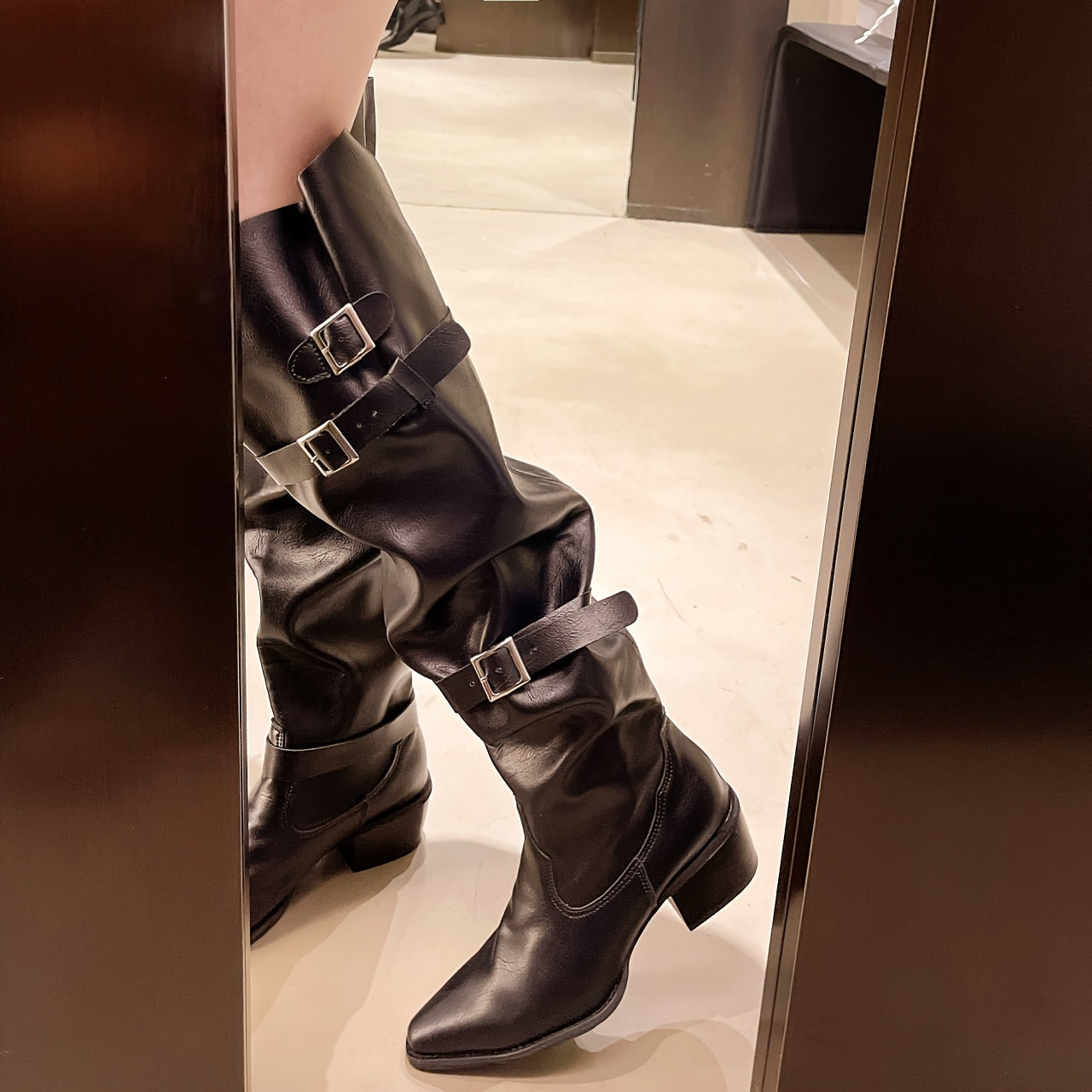 Women's High-Calf Boots Synthetic Slip-On Chunky Mid-Heel All-Season Black