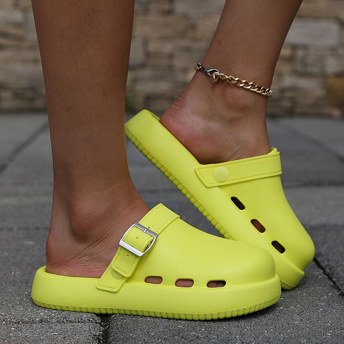 Women's Neon Green Slip-On Platform Sandals Open-Toe Casual Poolside