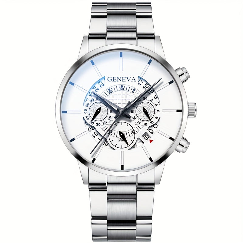 Men's Quartz Watch Stainless Steel Band Calendar Feature